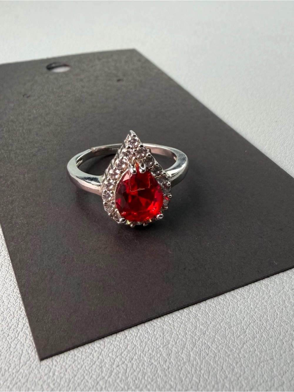 Teardrop Red Crystal Ring with Silver Halo